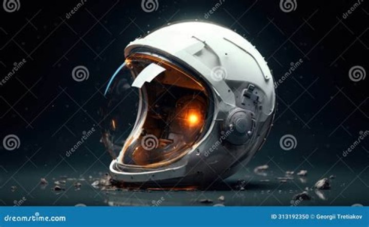 a cracked space helmet (with &ldquo;do not use&rdquo; written on tape over the facemask) sits in a storage bin alongside some books and a small case