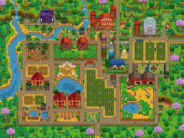 A quiet farm in Stardew Valley. The field has several three by three grid plots of land, growing crops like radishes, kale, and strawberries.