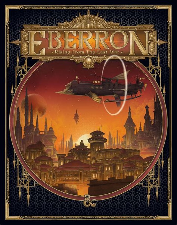 An alternate cover for Eberron shows an airship sailing of an exotic, gilded city at sunset.