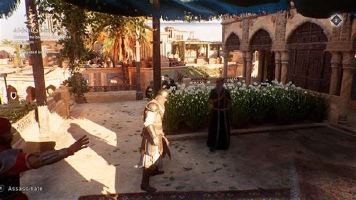 Basim approaches a man carrying a Dervis&rsquo; Artifact in AC Mirage.