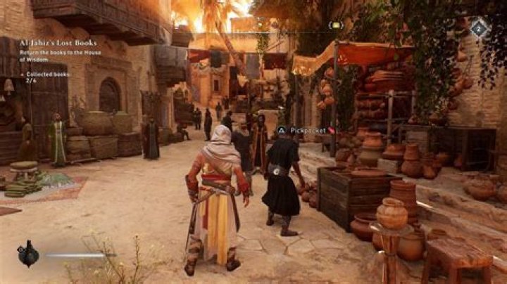 Basim sneaks through a crowd and finds a Dervis&rsquo; Artifact in AC Mirage.