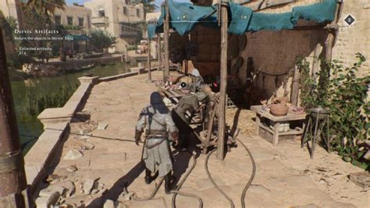 Basim sneaks up on a civilian with a Dervis Artifact in AC Mirage.