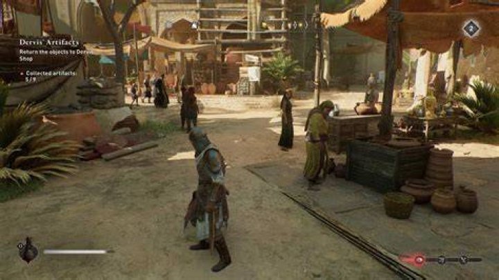 Basim stands by a stall in AC Mirage while looking for Dervis&rsquo; Artifacts locations.