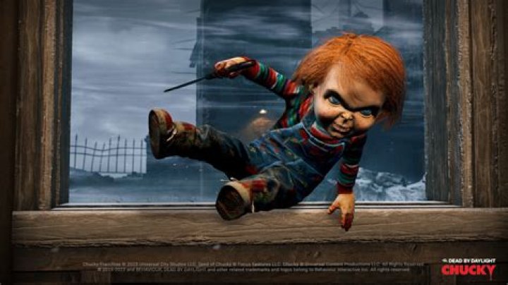 Chucky vaults through an open window in a screenshot from Dead by Daylight