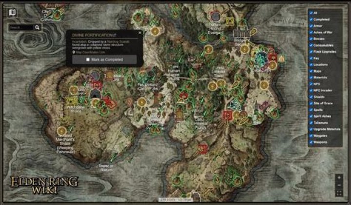 Elden Ring map showing the location of the fire grease recipe book