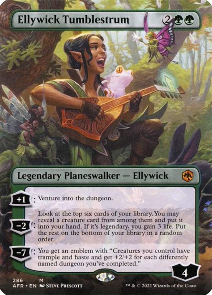 Ellywick Tumblestrum, Legendary Planeswalker &mdash; Ellywick. Her -7 emblem gives +2/+2 to each creature you control for each differently named dungeon you&rsquo;ve completed.