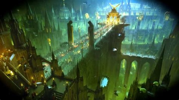 Image: The great throneworld of Terra, Warhammer 40K&rsquo;s version of Earth. In a hive city that contains billions upon billions of people, millions of pilgrims march along an enormously tall bridge. The bridge stretches down to the rest of the hive, a place of industry and darkness.