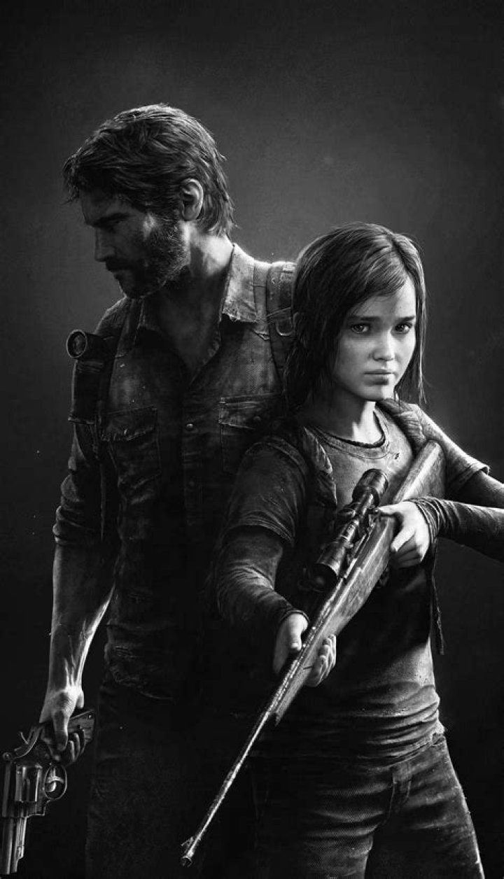 Joel and Elli stand on stairs and look down at a dead body