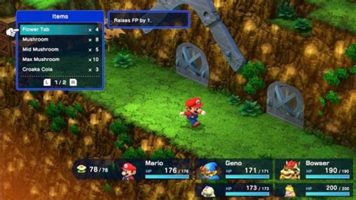 Mario runs around Monstro Town with a menu open showing Flower Tabs