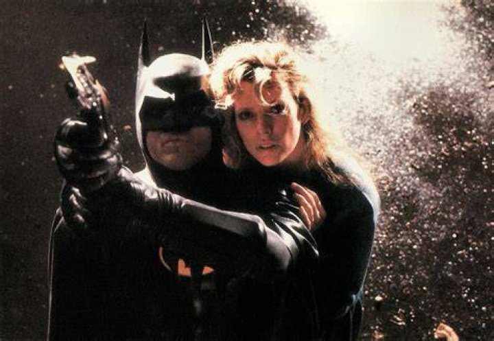 Michael Keaton and Kim Basinger as Batman and Vicki Vale in Batman.