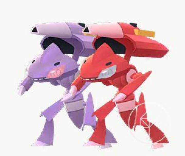 Shiny Genesect standing next to its normal form. Shiny Genesect is red instead of purple.