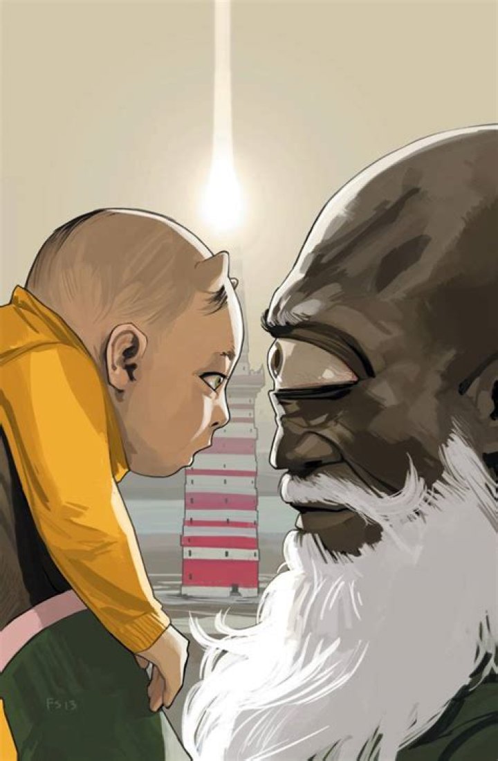 The cyclopean D. Oswald Heist stares into the face of infant Hazel, with his lighthouse centered in the background on the cover of Saga #13 (2013). 
