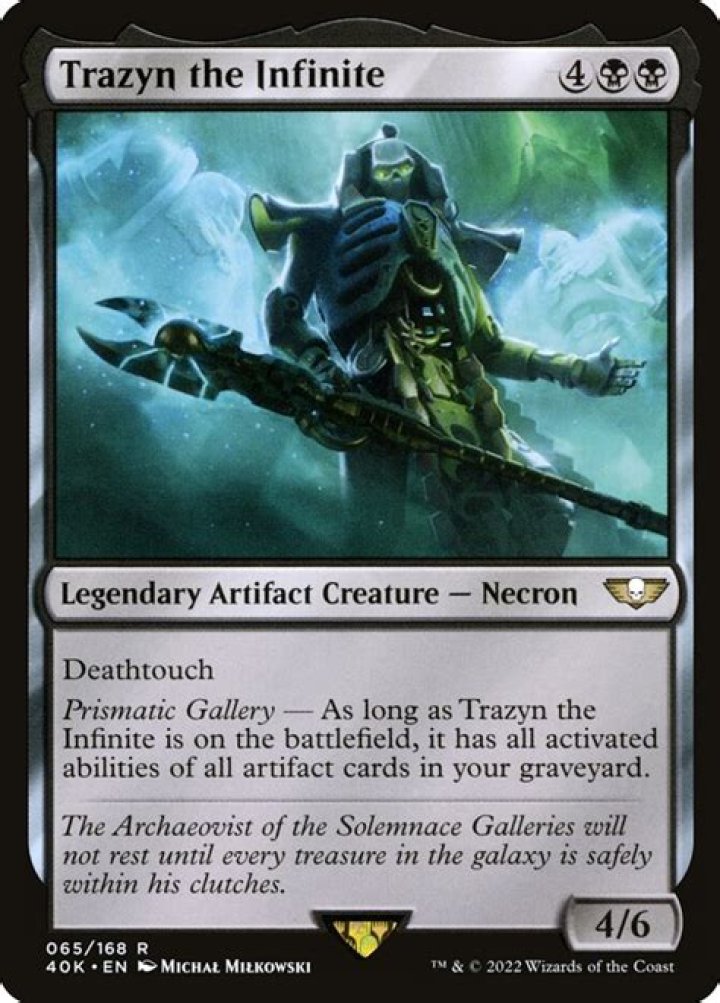 Trazyn the Infinite, a Necron in the uinverse of Warhammer 40,000. He looks like a metallic, stylized skeleton, and he wields bright green plasma fire in one hand.