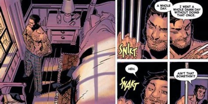 Wolverine realizes happily that he went a whole day without popping his claws once, in Wolverine &amp; The X-Men #42, Marvel Comics (2014). 